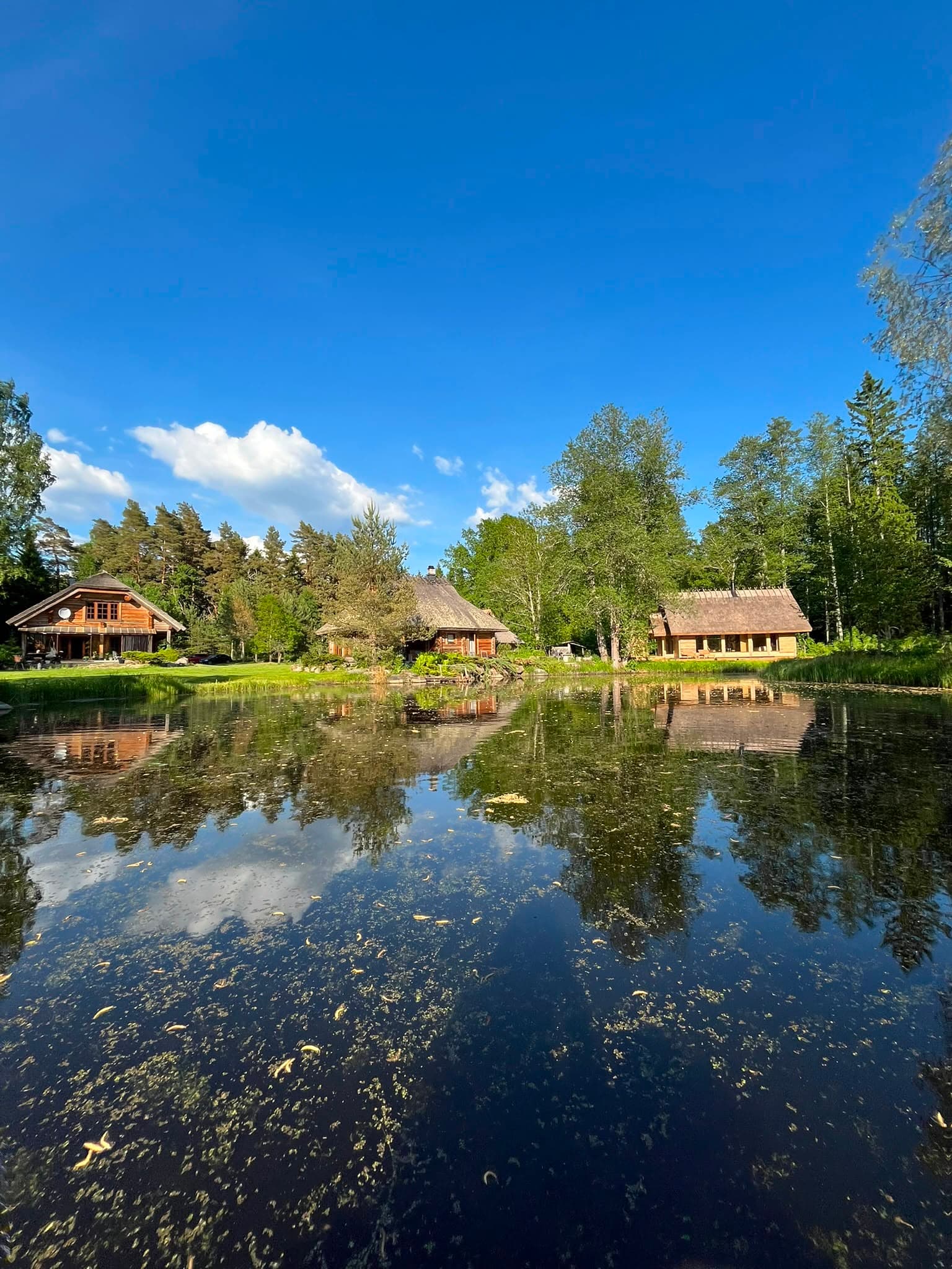 Three buildings mirrored in the still pond