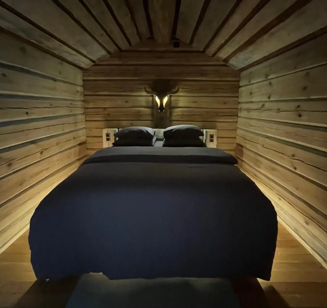 Forest House — the same bed at night, the only light in the bull’s eyes